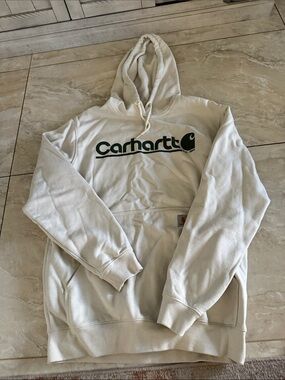 Carhartt Men's Cream Hoodie with Green Logo
